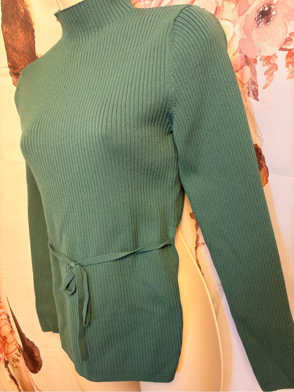 Medium Babaton Green Rib-Knit Mock Neck Sweater with Waist Tie - Picture 3 of 7